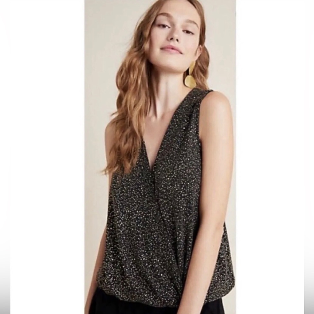 NWT Eri & Ali Anthropologie Evita, S P, Black Gold Surplice Wrap Tank Top Shirt